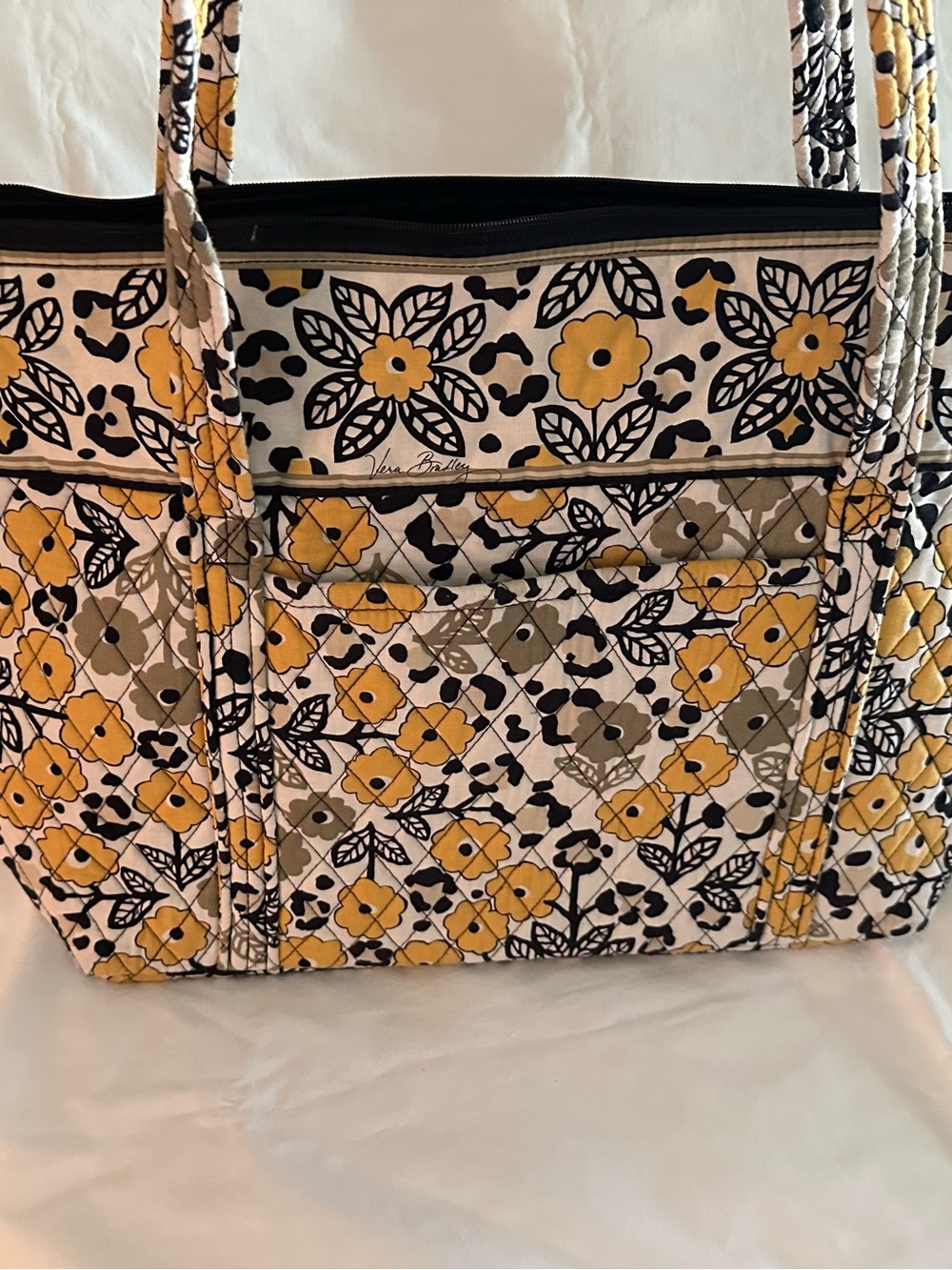 Vera Bradley Yellow, Black & Cream Floral Quilted Tote